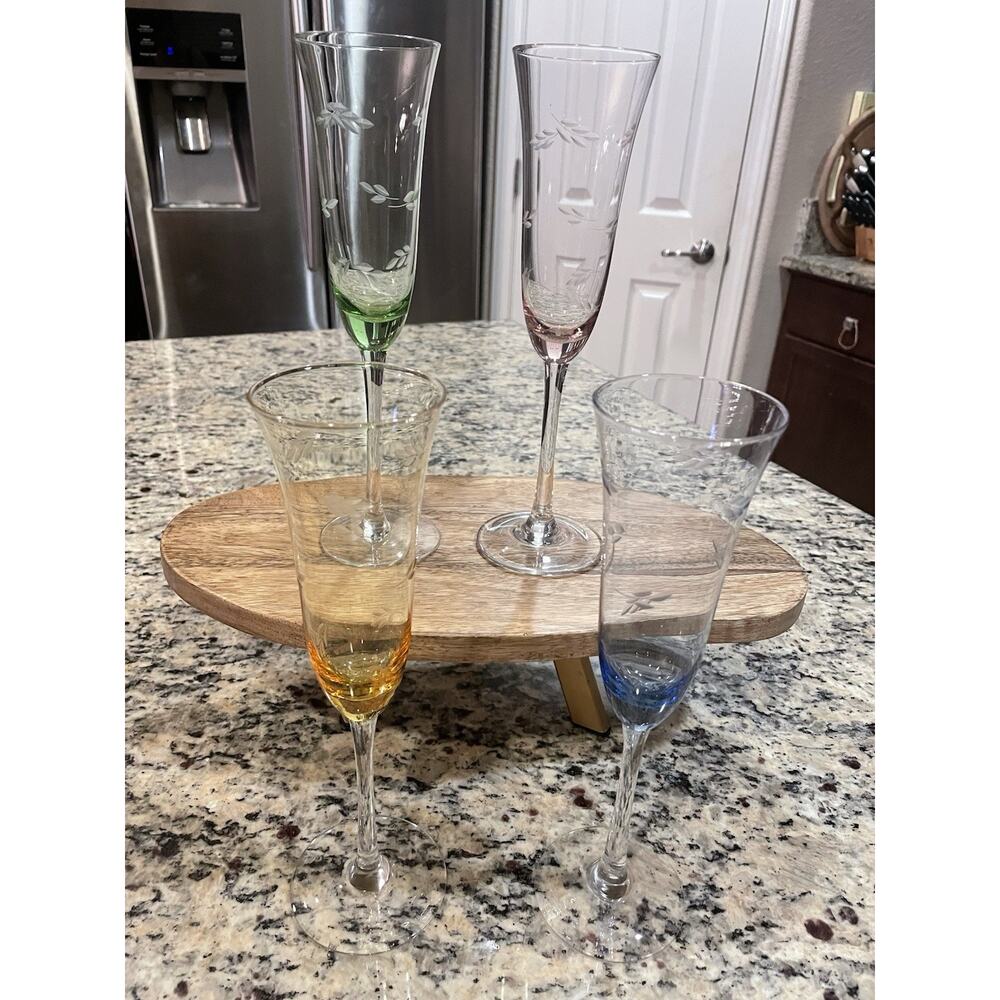 4 Etched Champagne Flutes In Green, Blue, Yellow, and Pink